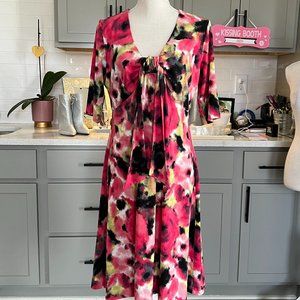 Alfani Dress Watercolor Effect Elbow Length Sleeve Knotted Bodice Medium